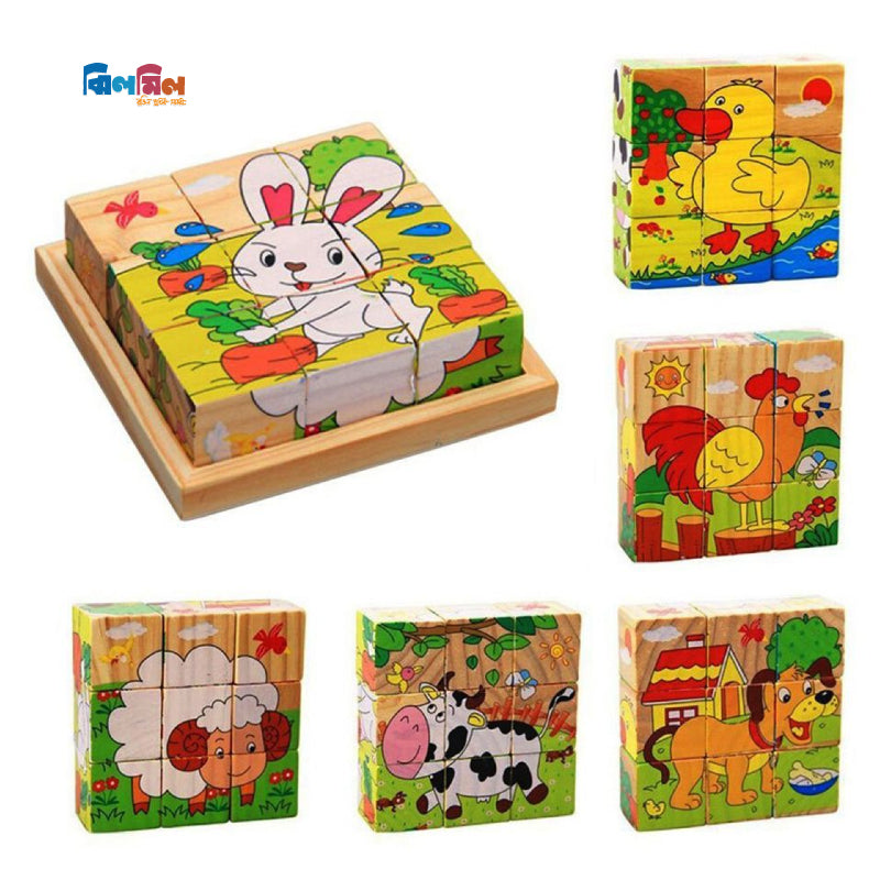 6 Side Painting Farm Animals Cube Block 3D Wooden Puzzle