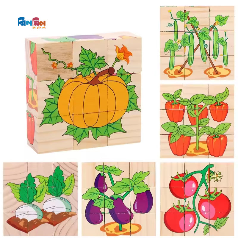 6 Side Painting Vegetable Cube Block 3D Wooden Puzzle