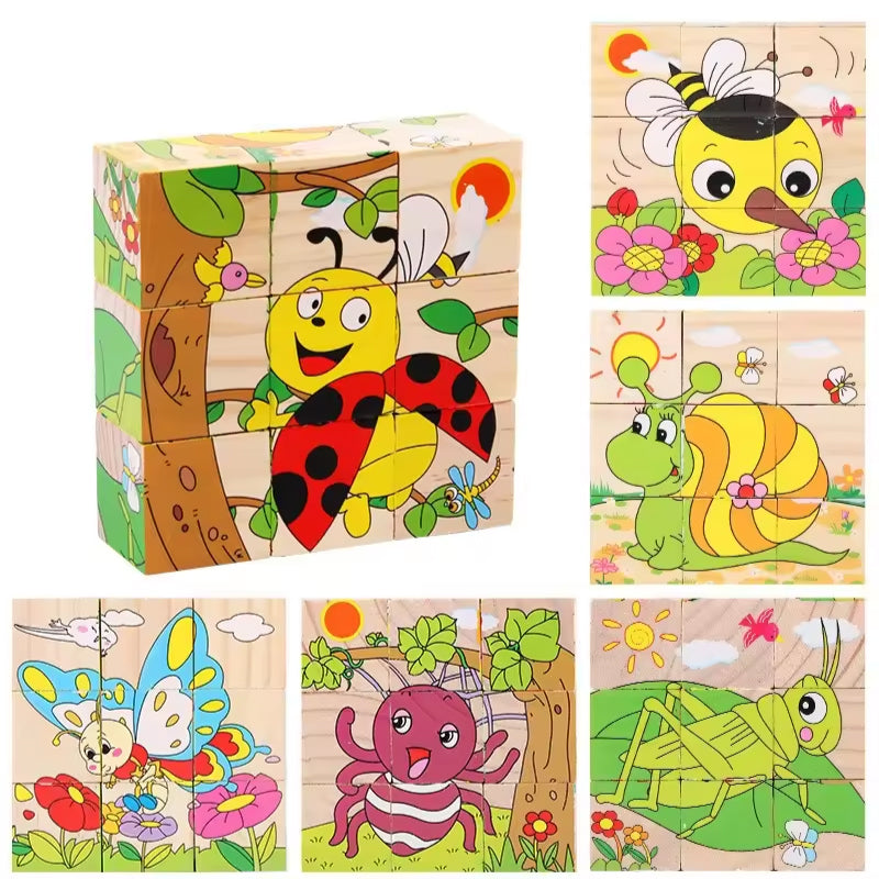 6 Side Painting Insects Block 3D Wooden Puzzle
